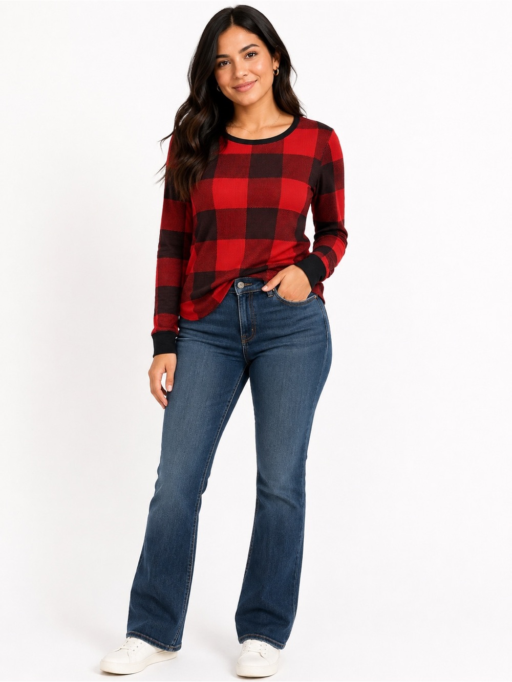 Old Navy Red & Black Buffalo Plaid Thermal Top – Size Medium